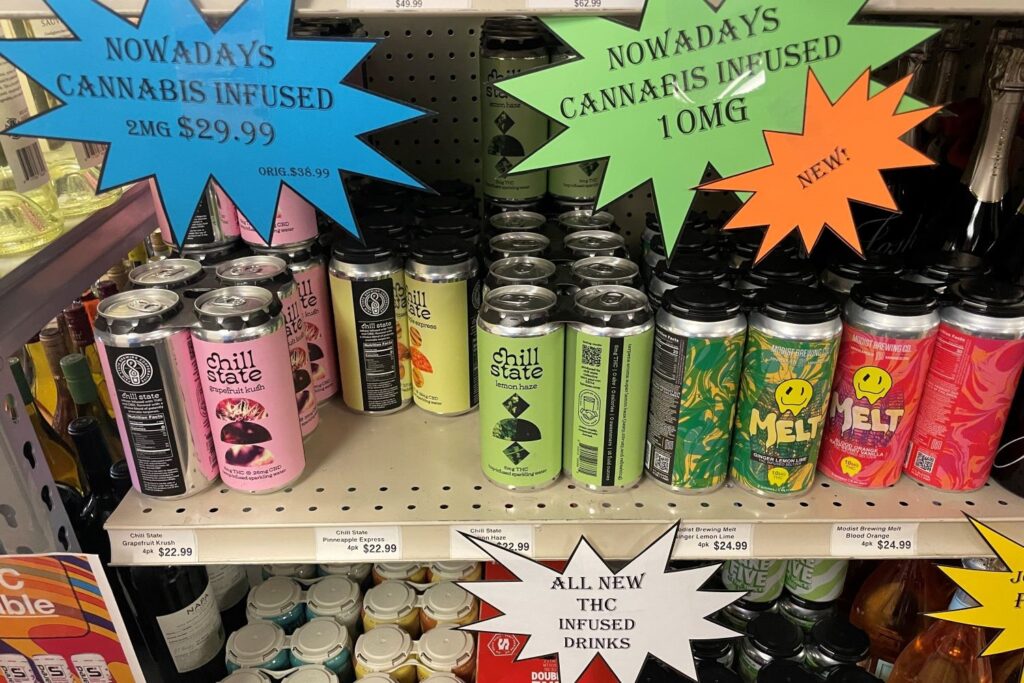 Drinks advertised as THC- and cannabis-infused on the shelves of a Rapid City store in July 2024. (Seth Tupper/South Dakota Searchlight)