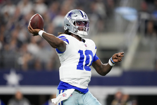 Dallas Cowboys quarterback Joe Milton III throws a pass against the Atlanta Falcons during the first half of a preseason NFL football game Friday, Aug. 22, 2025, in Arlington, Texas. (AP Photo/Tony Gutierrez)