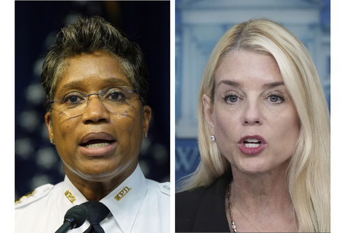 This combination of images shows Washington Metropolitan Police Department Chief Pamela Smith speaking in Washington, Aug. 11, 2025, and Attorney General Pam Bondi speaking on Aug. 11 in Washington. (AP Photo)