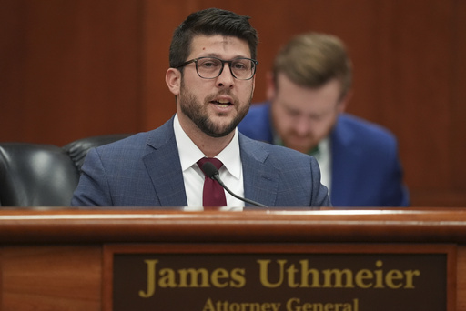 FILE - Florida Attorney General James Uthmeier speaks during a meeting between Gov. Ron DeSantis and the state cabinet at the Florida capitol in Tallahassee, Fla., Wednesday, March 5, 2025. (AP Photo/Rebecca Blackwell, File)
