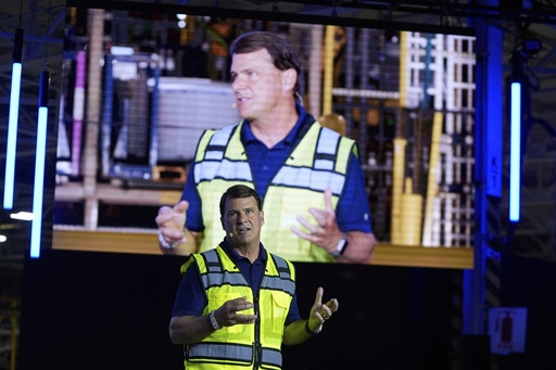 Ford CEO Jim Farley speaks at the Louisville Assembly Plant, Monday, Aug. 11, 2025, in Louisville, Ky. (AP Photo/Darron Cummings)