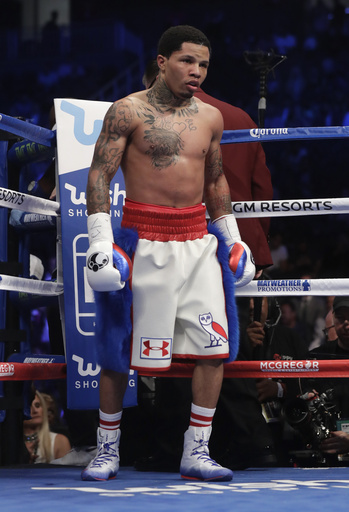 FILE - Gervonta Davis stands in the ring before fighting Francisco Fonseca, of Costa Rica, in a boxing match Satur, Aug. 26, 2017, in Las Vegas. (AP Photo/Isaac Brekken, File)