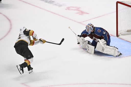 FILE - Vegas Golden Knights right wing Victor Olofsson shoots against Colorado Avalanche goaltender Scott Wedgewood in a shootout in an NHL hockey game in Denver, April 8, 2025. (AP Photo/Geneva Heffernan, File)