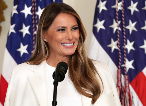 FILE - First lady Melania Trump speaks during an event unveiling a U.S. Postal Service Stamp honoring former first lady Barbara Bush, May 8, 2025, in the East Room of the White House in Washington. (AP Photo/Jacquelyn Martin, FIle)