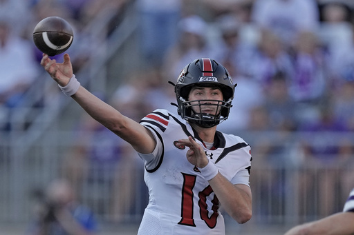 FILE - Southeast Missouri State quarterback Paxton DeLaurent throws during the first half of an NCAA college football game against Kansas State, Sept. 2, 2023, in Manhattan, Kan. (AP Photo/Charlie Riedel, File)