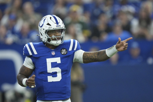 Indianapolis Colts quarterback Anthony Richardson Sr. reacts during the first half of a preseason NFL football game against the Green Bay Packers, Saturday, Aug. 16, 2025, in Indianapolis. (AP Photo/AJ Mast)