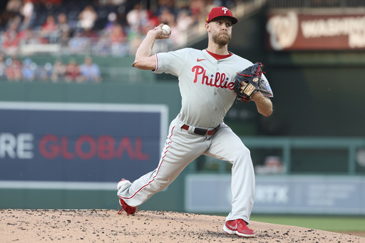 Philadelphia Phillies pitcher Zack Wheeler throws during the first inning of a baseball game against the Washington Nationals, Friday, Aug. 15, 2025, in Washington. (AP Photo/Daniel Kucin Jr.)