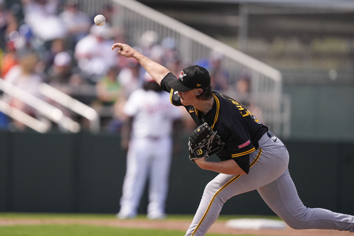 FILE - Pittsburgh Pirates pitcher Bubba Chandler delivers in the third inning of a spring training baseball game against the Minnesota Twins in Fort Myers, Fla., Thursday, Feb. 27, 2025. (AP Photo/Gerald Herbert, File)