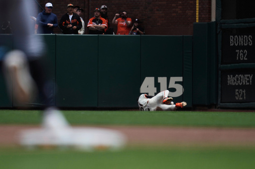 San Francisco Giants center fielder Jung Hoo Lee catches a flyout hit by Tampa Bay Rays' Yandy Díaz during the fourth inning of a baseball game in San Francisco, Sunday, Aug. 17, 2025. (AP Photo/Jeff Chiu)