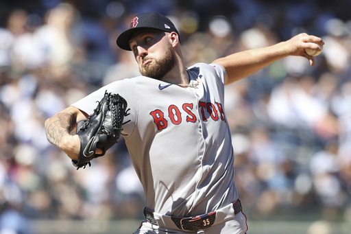 Boston Red Sox pitcher Garrett Crochet throws during the sixth inning of a baseball game against the New York Yankees, Saturday, Aug. 23, 2025, in New York. (AP Photo/Pamela Smith)