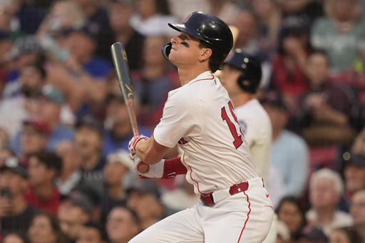 Boston Red Sox Roman Anthony flies out to right field in the first inning of a baseball game against the Kansas City Royals, Wednesday, Aug. 6, 2025, in Boston. (AP Photo/Robert F. Bukaty)