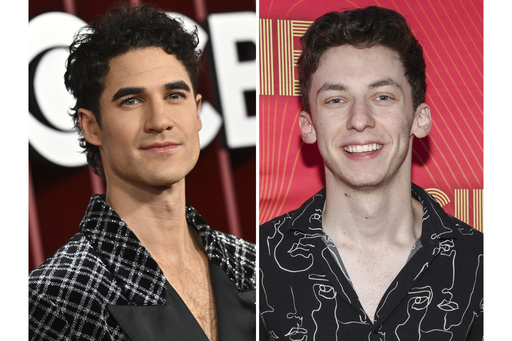 Darren Criss appears at the 78th Tony Awards in New York on June 8, 2025, left, and Andrew Barth Feldman appears at the 7th annual Elsie Fest in New York on Sept. 8, 2024. (AP Photo)