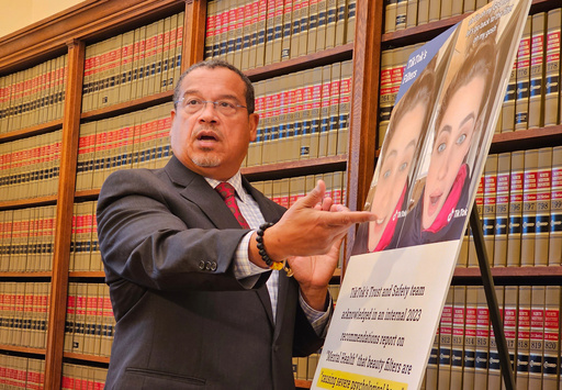 Minnesota Attorney General Keith Ellison briefs reporters in his office about the lawsuit he filed against social media giant TikTok, alleging it preys on young people with addictive algorithms, at the Minnesota State Capitol in Saint Paul, Minn., Tuesday, Aug. 19, 2025. (AP Photo/Steve Karnowski)