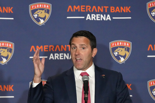 FILE - Florida Panthers President & CEO Matt Caldwell announces a new naming rights deal, Tuesday, Sept. 19, 2023, in Sunrise, Fla. (AP Photo/Wilfredo Lee, file)
