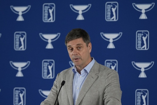 PGA Tour CEO Brian Rolapp speaks before a practice round of the Tour Championship golf tournament, Wednesday, Aug. 20, 2025, in Atlanta. (AP Photo/Mike Stewart)
