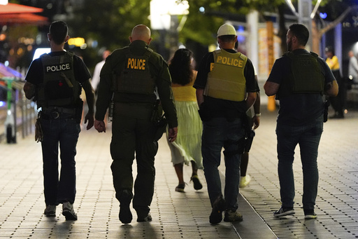 Federal law enforcement officers patrol The Wharf, Monday, Aug. 11, 2025, in Washington. (AP Photo/Julia Demaree Nikhinson)