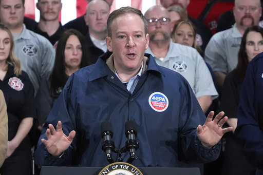 FILE - Environmental Protection Agency administrator Lee Zeldin speaks, Feb 3, 2025, in East Palestine, Ohio. (AP Photo/Gene J. Puskar, File)