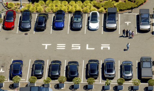 Tesla vehicles line a parking area at the company's Fremont, Calif., factory on Tuesday, Aug. 5, 2025. (AP Photo/Noah Berger)