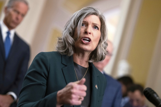 FILE - Sen. Joni Ernst, R-Iowa, speak to reporters after a closed-door meeting with fellow Republicans, at the Capitol in Washington, Sept. 24, 2024. (AP Photo/J. Scott Applewhite, File)