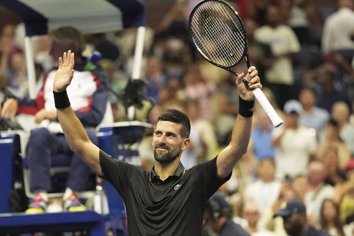 Novak Djokovic, of Serbia, celebrates after defeating Learner Tien, of the United States, during the first-round of the U.S. Open tennis championships, Sunday, Aug. 24, 2025, in New York. (AP Photo/Frank Franklin II)
