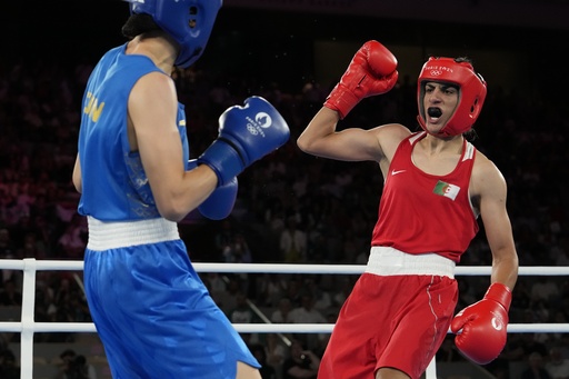 FILE - Algeria's Imane Khelif, right, fights China's Yang Liu in their women's 66 kg final boxing match at the 2024 Summer Olympics, Friday, Aug. 9, 2024, in Paris, France. (AP Photo/Ariana Cubillos, File)