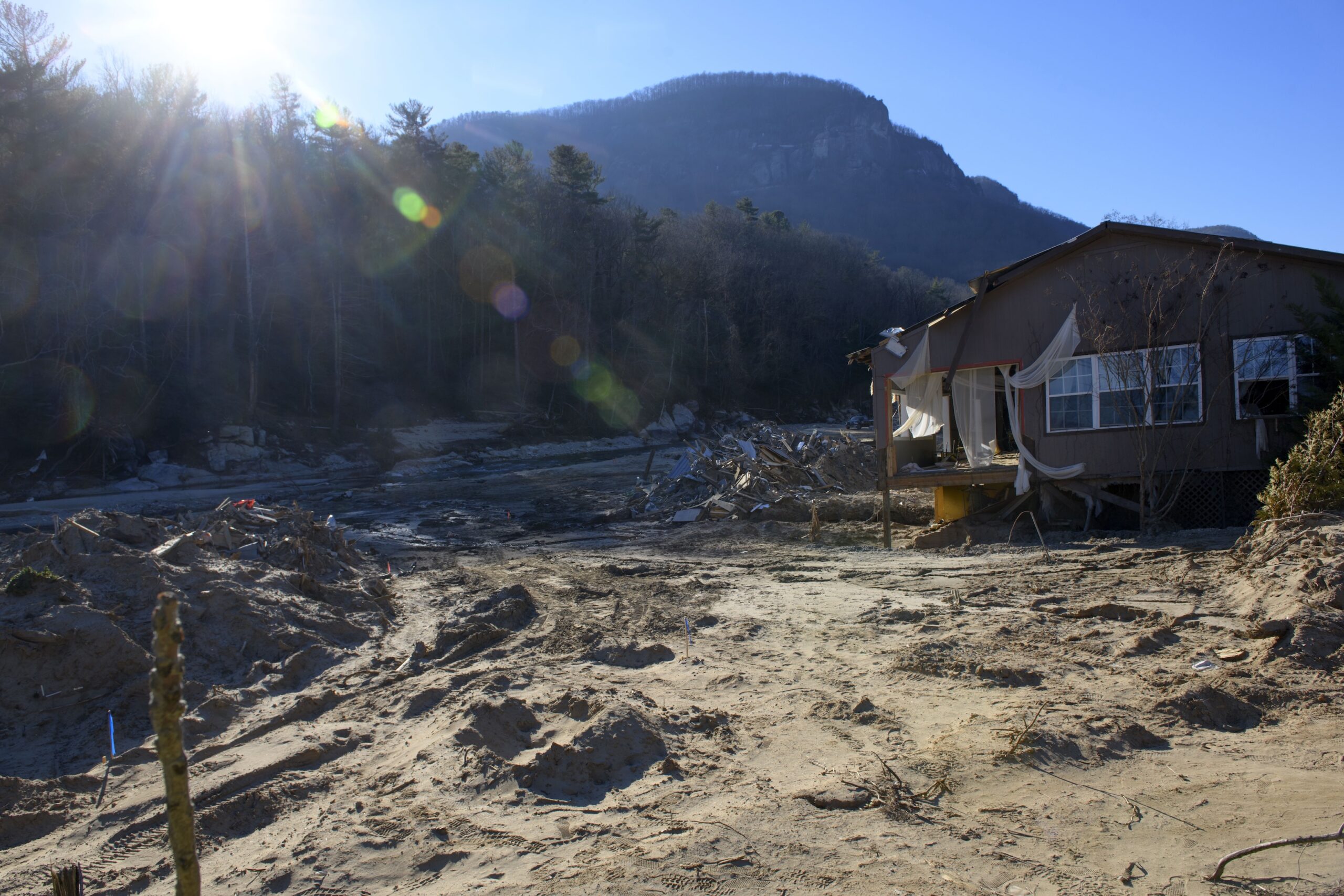Debris and destruction from Hurricane Helene are seen on Dec. 23, 2024 in Lake Lure, North Carolina. (Photo by Melissa Sue Gerrits/Getty Images)