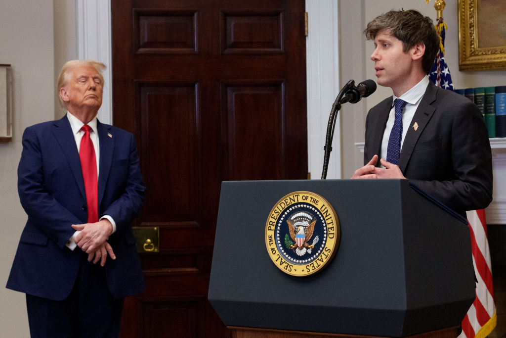 OpenAI CEO Sam Altman (right), accompanied by President Donald Trump, speaks during a news conference at the White House on Jan. 21, 2025. Trump announced an investment in artificial intelligence (AI) infrastructure. (Photo by Andrew Harnik/Getty Images)