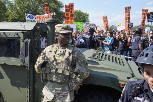 Washington Metropolitan Police officers and military police soldiers with the District of Columbia National Guard watch as activists protest President Donald Trump's federal takeover of policing of the District of Columbia, Saturday, Aug. 16, 2025, in Washington. (AP Photo/Alex Brandon)