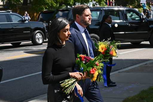 Vice President JD Vance and his wife second lady Usha Vance, arrive to pay their respects to victims of the Annunciation Catholic Church shooting in Minneapolis, Minn., Wednesday, Sept. 3, 2025. (Alex Wroblewski/ Pool via AP)