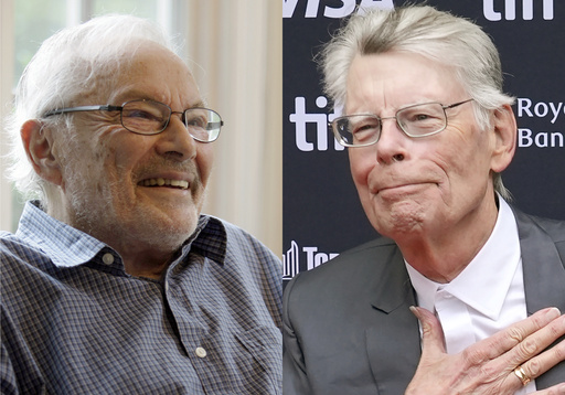 Children's book author Maurice Sendak appears at his home in Ridgefield, Conn., on Sept. 6 2011, left, and author Stephen King appears at the premiere of "The Life of Chuck" during the Toronto International Film Festival on Sept. 6, 2024. (AP Photo)