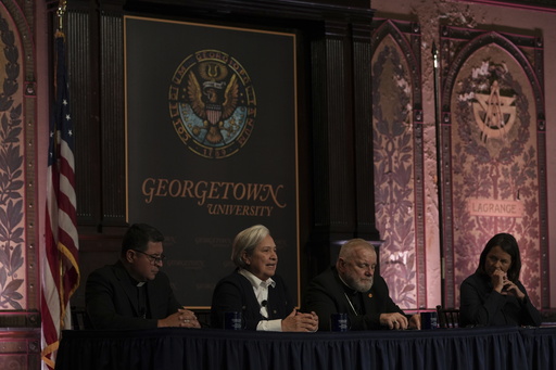 Sister Norma Pimentel (second left to right) speaks during a panel on the effects of the Trump administration's crackdown on immigrants held at Georgetown University in Washington, Thursday, Sept. 11, 2025. (AP Photo/Luis Andres Henao)