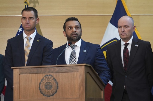 Kash Patel speaks at a news conference, Friday, Sept. 12, 2025, in Orem, Utah, as Utah department of public safety commissioner Beau Mason, left, and Utah Gov. Spencer Cox listen. (AP Photo/Lindsey Wasson)