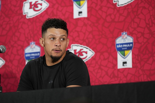 Kansas City Chiefs quarterback Patrick Mahomes speaks during a news conference after an NFL football game between the Kansas City Chiefs and the Los Angeles Chargers, Saturday, Sept. 6, 2025, in Sao Paulo. (AP Photo/Doug Benc)