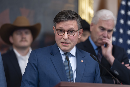 Speaker of the House Mike Johnson, R-La., talks about the killing of conservative activist Charlie Kirk and defended employers who take action against their workers whose comments go too far, at the Capitol in Washington, Tuesday, Sept. 16, 2025. (AP Photo/J. Scott Applewhite)