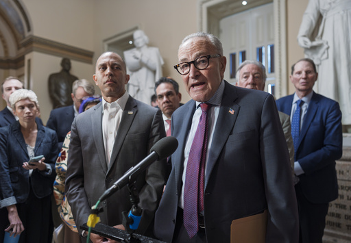 FILE—House Minority Leader Hakeem Jeffries, D-N.Y., left, and Senate Minority Leader Chuck Schumer, D-N.Y., speak to reporters at the Capitol in Washington, Thursday, Sept. 11, 2025. The Democratic leaders are lashing out at a short-term spending GOP bill to avoid a partial government shutdown at the end of the month, warning Republicans they will not support a measure that doesn't address their concerns on the soaring cost of health insurance coverage for millions of Americans. (AP Photo/J. Scott Applewhite, File)