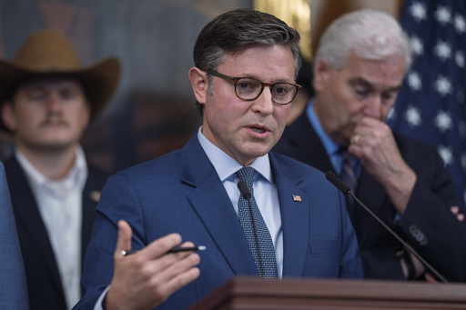 Speaker of the House Mike Johnson, R-La., talks about the killing of conservative activist Charlie Kirk and defended employers who take action against their workers whose comments go too far, at the Capitol in Washington, Tuesday, Sept. 16, 2025. (AP Photo/J. Scott Applewhite)