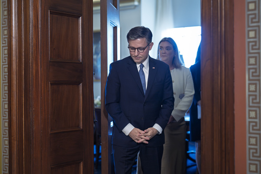As lawmakers debate a government funding extension, Speaker of the House Mike Johnson, R-La., awaits the arrival of the leader of the Orthodox Christian Church, Ecumenical Patriarch Bartholomew for a meeting, at the Capitol in Washington, Wednesday, Sept. 17, 2025. (AP Photo/J. Scott Applewhite)