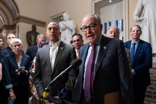 FILE - House Democratic Leader Hakeem Jeffries, left, and Senate Democratic Leader Chuck Schumer, both of New York, tell reporters that they are united as the Sept. 30 funding deadline approaches, at the Capitol in Washington, Sept. 11, 2025. (AP Photo/J. Scott Applewhite, File)
