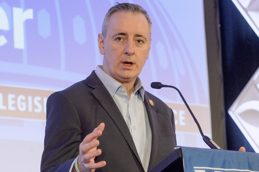 FILE - Rep. Brian Fitzpatrick, R-Pa., speaks during the opening session of the National Treasury Employees Union (NTEU) Legislative Conference March 4, 2025, in Washington. (AP Photo/Rod Lamkey, Jr.)