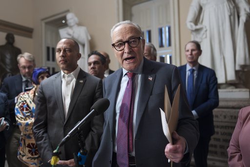 House Democratic Leader Hakeem Jeffries, left, and Senate Democratic Leader Chuck Schumer, both of New York, tell reporters that they are united as the Sept. 30 funding deadline approaches, at the Capitol in Washington, Thursday, Sept. 11, 2025. (AP Photo/J. Scott Applewhite)