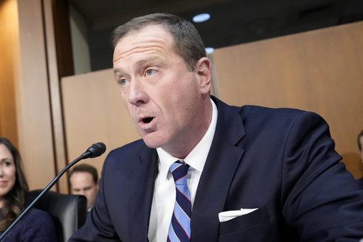 FILE - Sen. Eric Schmitt, R-Mo., speaks during the confirmation hearing for Kash Patel, at the Capitol in Washington, Jan. 30, 2025. (AP Photo/Ben Curtis, File)