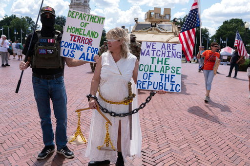Demonstrators protest against President Donald Trump's use of federal law enforcement and National Guard troops in the city during a rally at Union Station, Monday, Sept. 1, 2025, in Washington. (AP Photo/Jose Luis Magana)