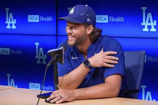 Los Angeles Dodgers pitcher Clayton Kershaw speaks to the media after announcing his retirement at the end of the season prior to a baseball game against the San Francisco Giants Thursday, Sept. 18, 2025, in Los Angeles. (AP Photo/Mark J. Terrill)