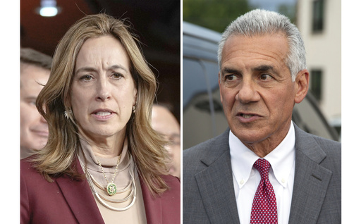 This combination photo shows Rep. Mikie Sherrill, D-N.J., on Capitol Hill, Feb. 13, 2024, in Washington, left, and Republican candidate for Governor Jack Ciattarelli, Sept. 4, 2025, in Garfield, N.J. (AP Photo)