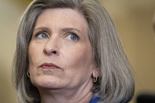 FILE - Sen. Joni Ernst, R-Iowa, speaks with reporters on Capitol Hill in Washington, July 9, 2024. (AP Photo/Cliff Owen, File)