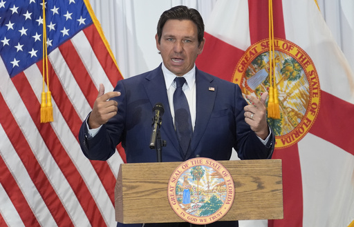 FILE - Florida Gov. Ron DeSantis during a news conference Aug. 12, 2025, in Tampa, Fla. (AP Photo/Chris O'Meara, File)