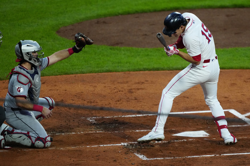 Boston Red Sox outfielder Roman Anthony (19) ducks out of the way on an inside pitch in the second inning of a baseball game against Cleveland Guardians, Tuesday, Sept. 2, 2025, in Boston. (AP Photo/Robert F. Bukaty)