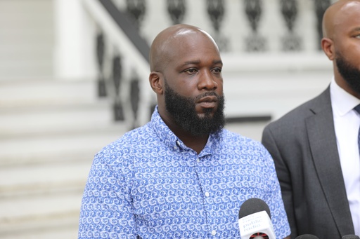 Jarvis McKenzie talks about how he was the victim of what police called a hate crime at a news conference on Thursday Aug. 21, 2025 in Columbia, S.C. (AP Photo/Jeffrey Collins)