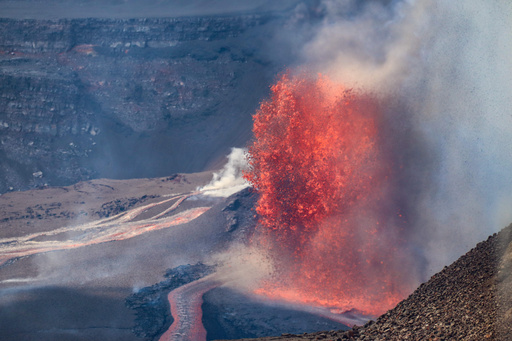 This image released by the U.S. Geological Survey shows the erupting Halemaʻumaʻu crater from the rim of the Kilauea caldera at the summit of the Kīlauea volcano on Tuesday, Sept. 2, 2025, in Hawaii. (C. Cauley/U.S. Geological Survey via AP)