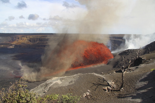 In this image released by the U.S. Geological Survey, the Kilauea volcano spews lava on Friday, Aug. 22, 2025, in Hawaii Volcanoes National Park, Hawaii. (M. Zoeller/U.S. Geological Survey via AP)